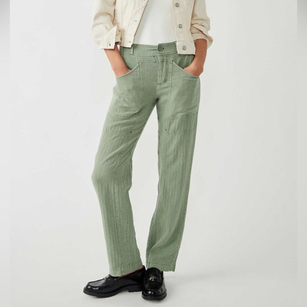 Free People Big Hit Slouch Pants Green Linen Blend Size Medium